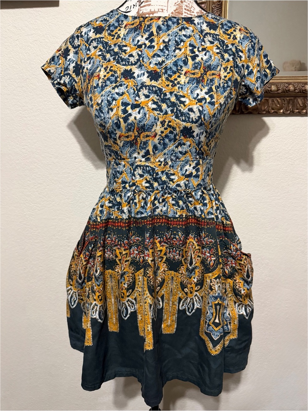 Kenny XS Printed Dress in Blue & Mustard